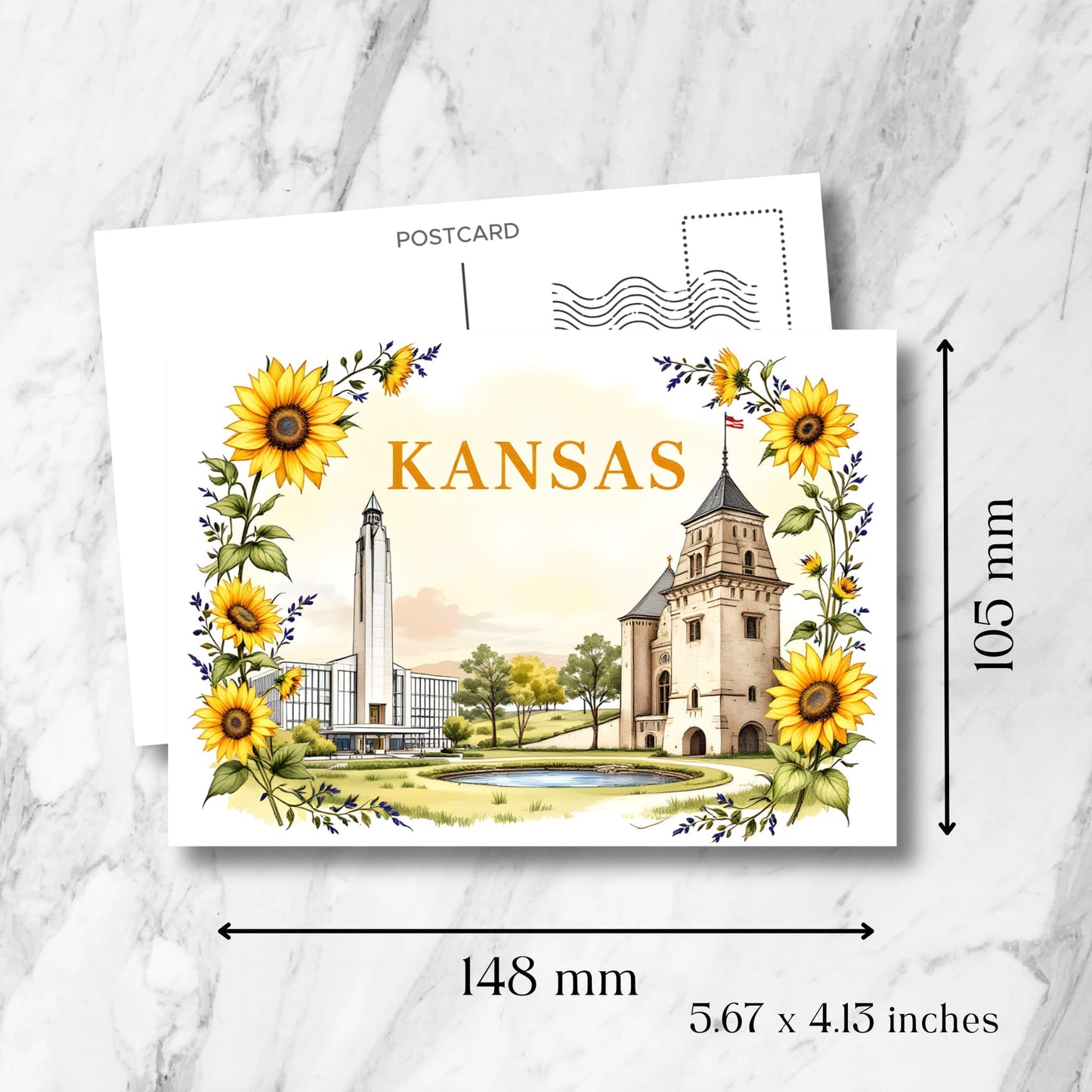 Kansas architectural postcard with size specifications (148x105mm/5.67x4.13 inches) showing university landmarks - bell tower and administration building with decorative sunflower wreath border.