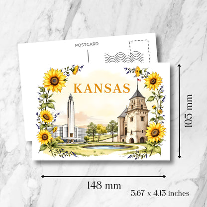 Kansas architectural postcard with size specifications (148x105mm/5.67x4.13 inches) showing university landmarks - bell tower and administration building with decorative sunflower wreath border.