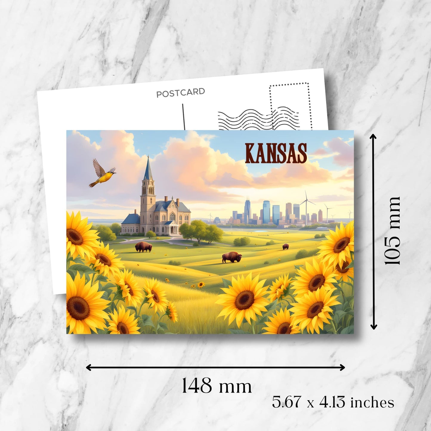 Kansas scenic postcard with size specifications (148x105mm/5.67x4.13 inches) showcasing iconic state symbols - sunflowers, bison, and Gothic church architecture with urban skyline backdrop.