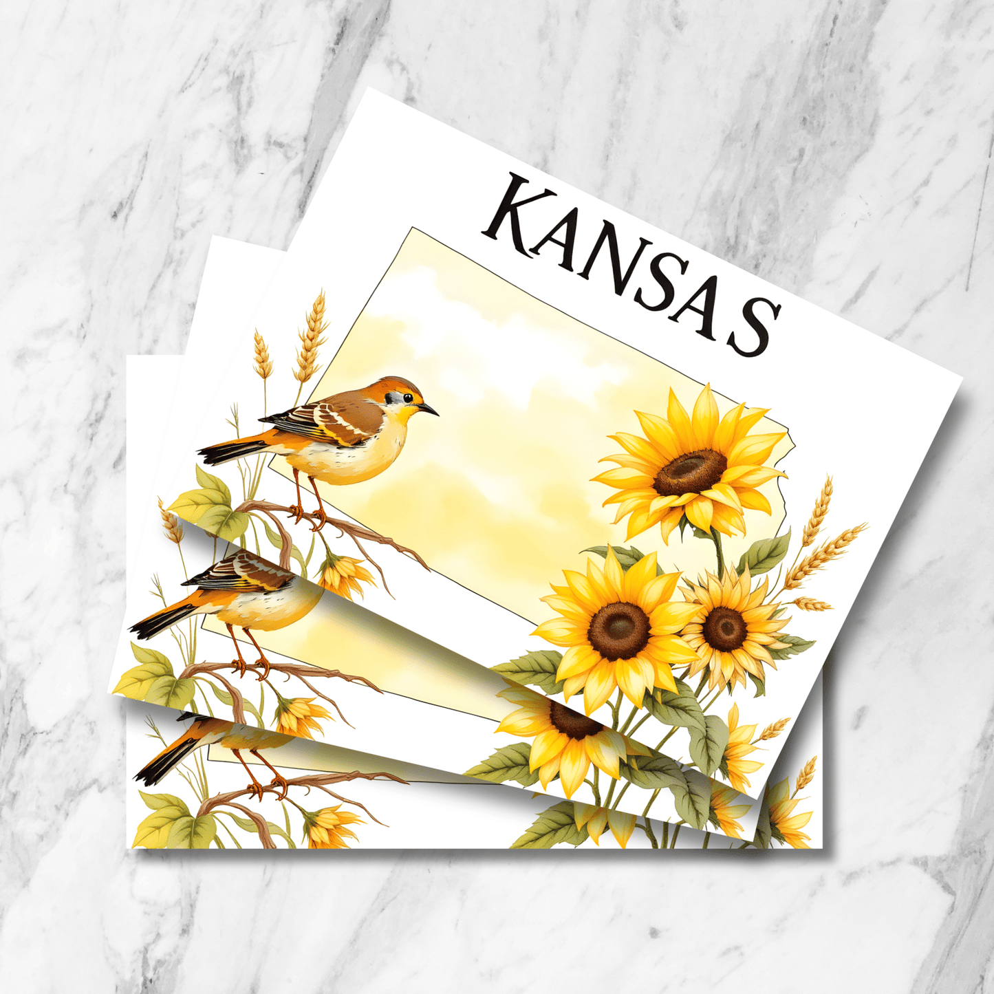 Stack of Kansas state postcards featuring watercolor illustration of state bird meadowlark with sunflowers and wheat, shown on marble surface