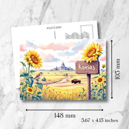 Kansas landscape postcard showing dimensions (148x105mm/5.67x4.13 inches). Features sunflower field, winding prairie path, state capitol building, and state symbols with standard postcard template.