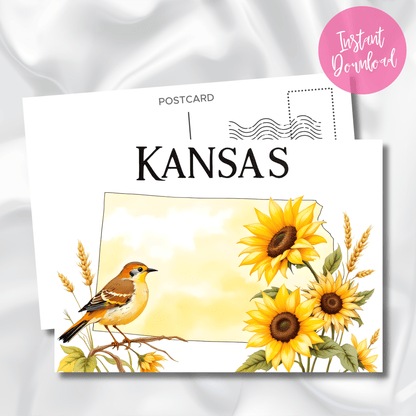 Decorative Kansas state postcard featuring meadowlark bird perched among sunflowers and wheat stalks, with vintage postmark design and instant download label