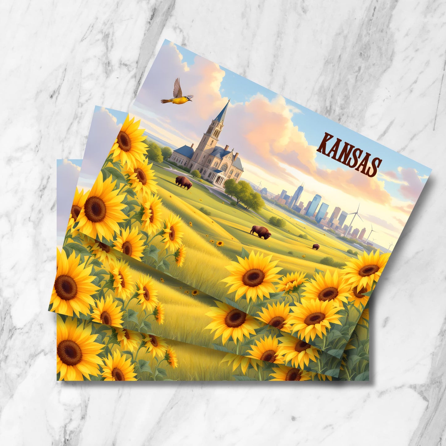 Kansas state postcard featuring sunflower field foreground with grazing buffalo, historic church, and modern Kansas City skyline with wind turbines. State bird meadowlark soars against sunset clouds.