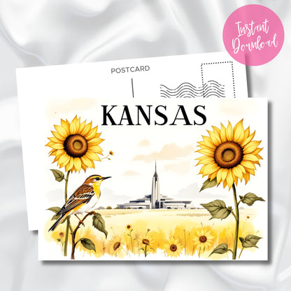 Digital download preview of Kansas postcard featuring Kansas City Temple, state bird meadowlark, and sunflowers in watercolor style with instant download badge