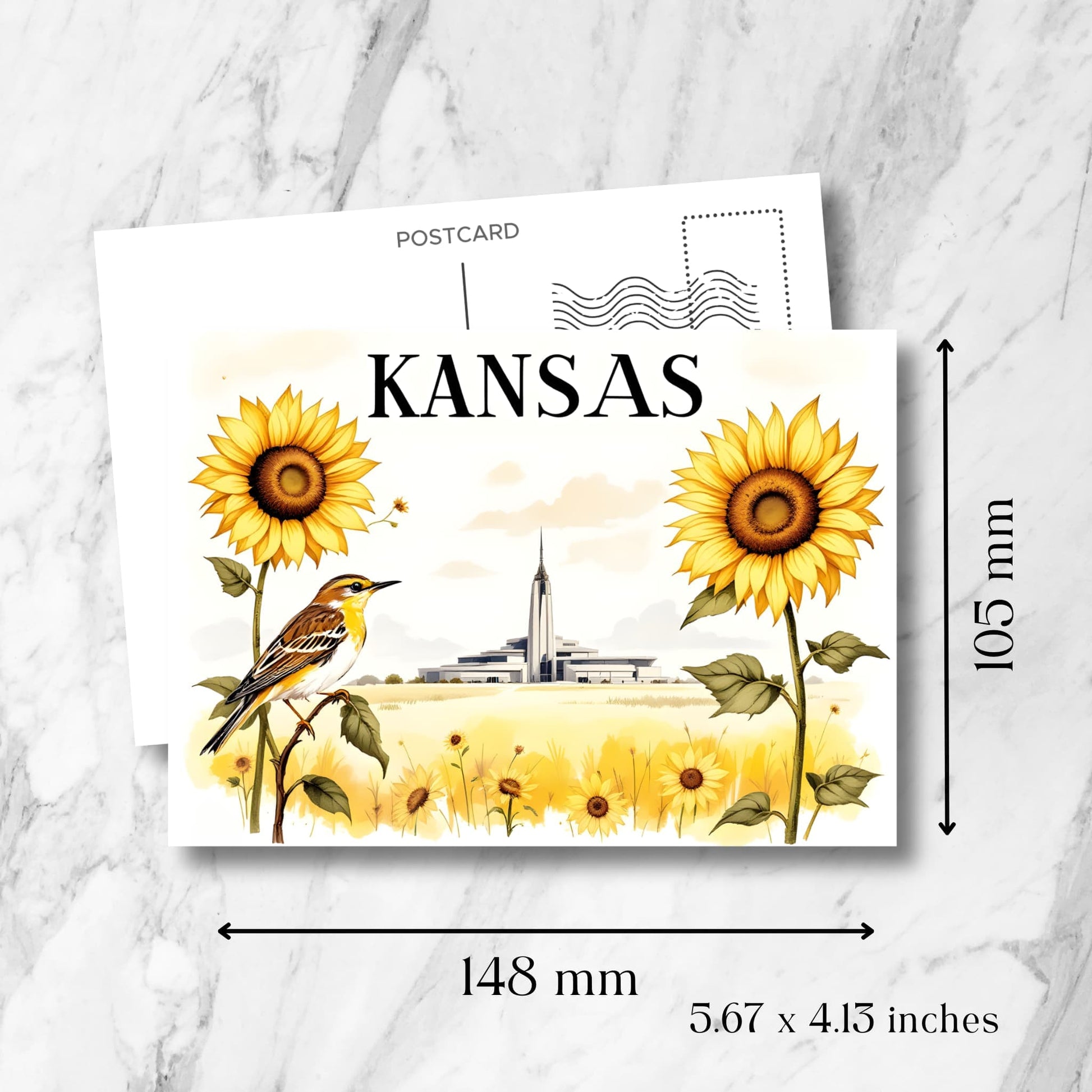 Kansas souvenir postcard measuring 148x105mm (5.67x4.13 inches), showing Kansas City Temple with meadowlark and sunflowers, includes vintage postmark design