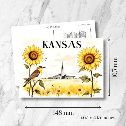 Kansas souvenir postcard measuring 148x105mm (5.67x4.13 inches), showing Kansas City Temple with meadowlark and sunflowers, includes vintage postmark design