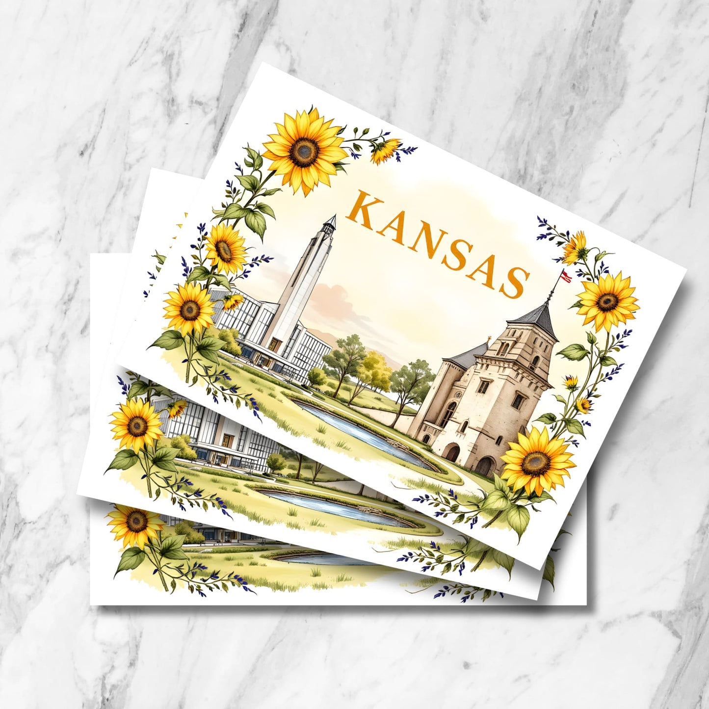 Elegant Kansas postcard featuring historic university tower and modern campus building, framed by state flower sunflowers and lavender sprigs. Watercolor-style illustration with fountain and landscaped grounds.