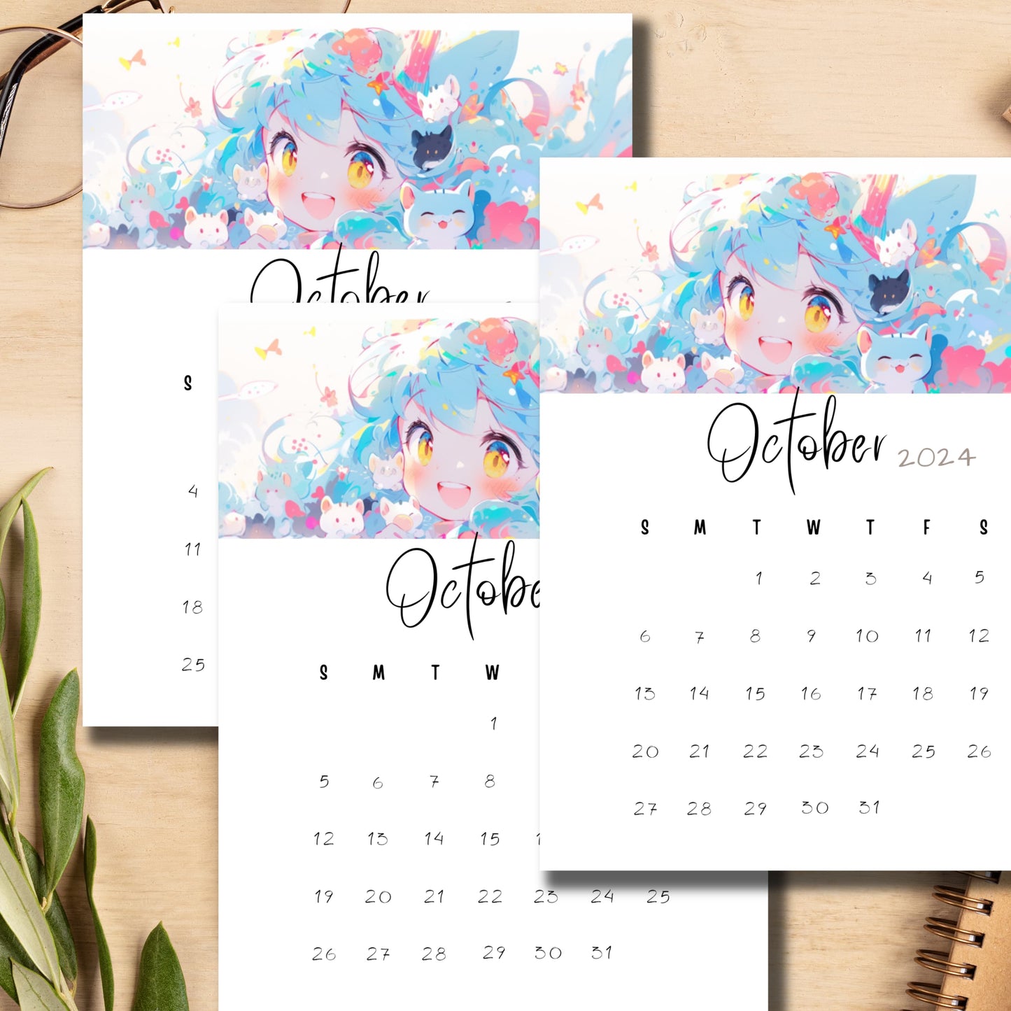 Desktop scene with October 2024-2026 monthly calendars featuring a cute blue-haired anime girl and playful animals, displayed with glasses and plant, emphasizing the A4 size and vertical layout for easy use in schools.