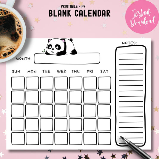 Kawaii panda calendar instant download with cute panda design on pink background with coffee