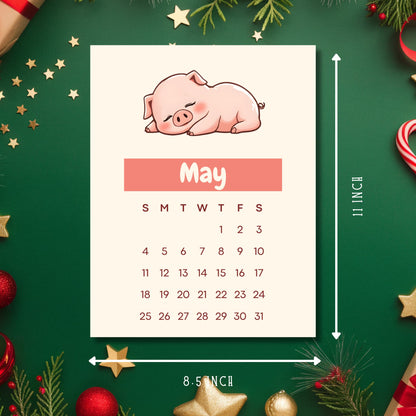 Size demonstration of May 2025 calendar page showing 8.5x11 inch dimensions, featuring sleeping pig illustration on cream background with festive holiday decorations