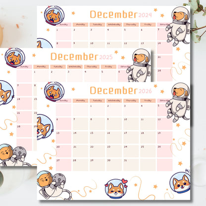 Three December monthly calendars with cute shiba inu astronauts, floating hearts, and star decorations on clean white background with soft pink accents.