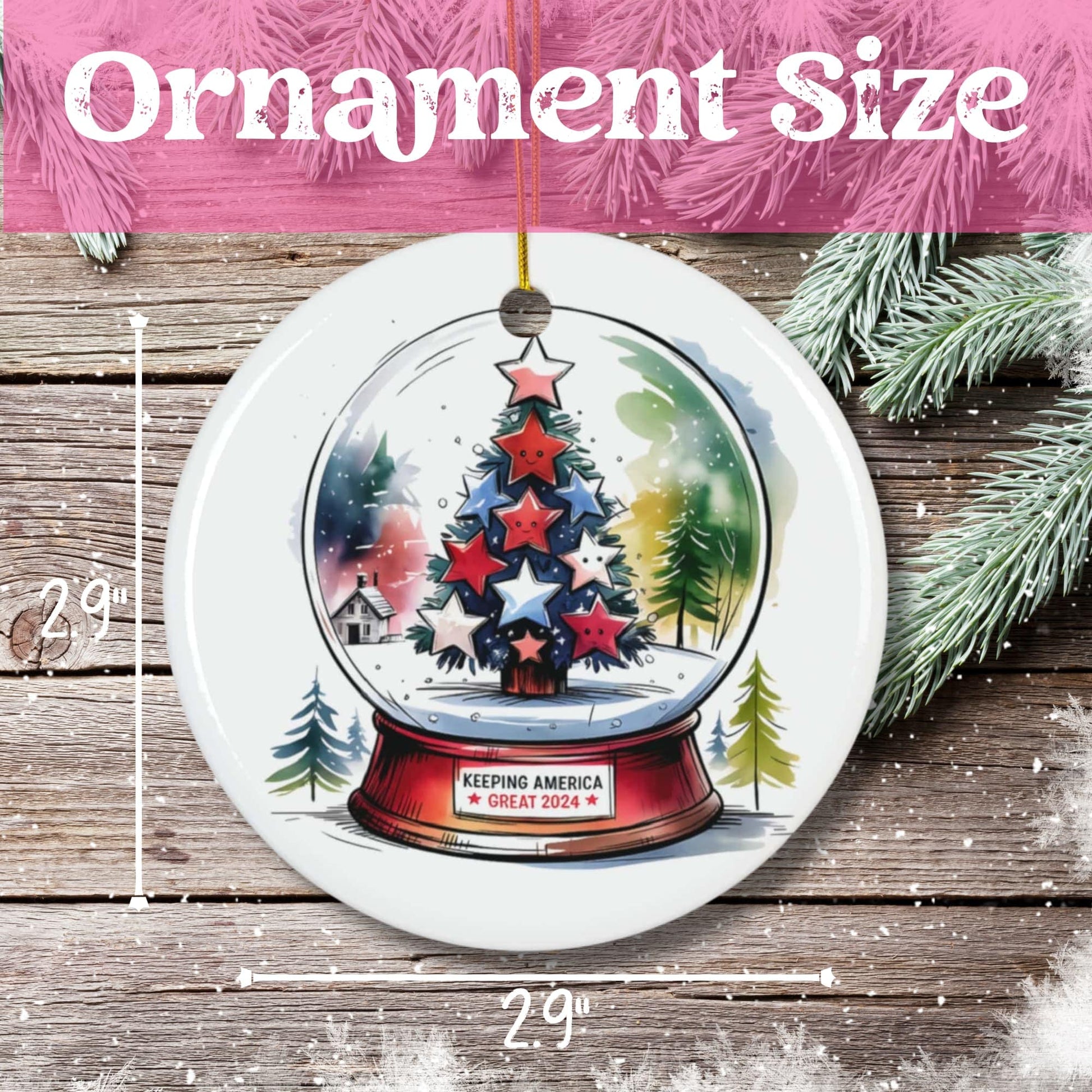 Product measurement showing 2.9-inch diameter ceramic ornament. Features snowglobe illustration with colorful star-decorated tree and seasonal message on white porcelain finish.