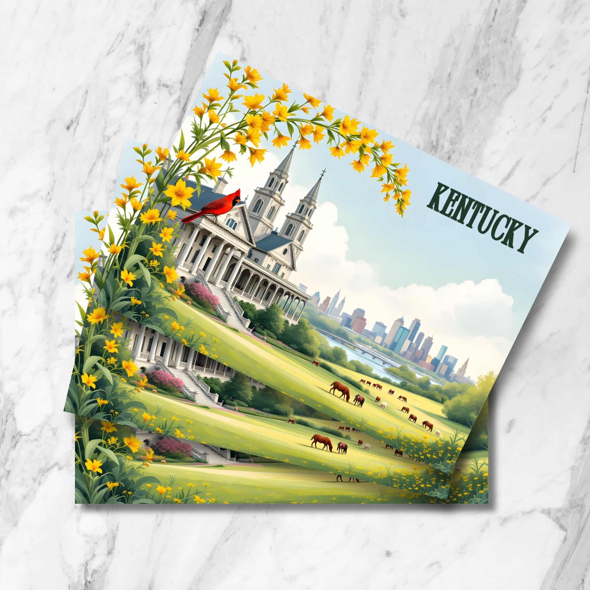 Stack of Kentucky postcards featuring historic cathedral with twin spires, grazing horses, cardinal bird, yellow wildflowers, and Louisville skyline on marble background