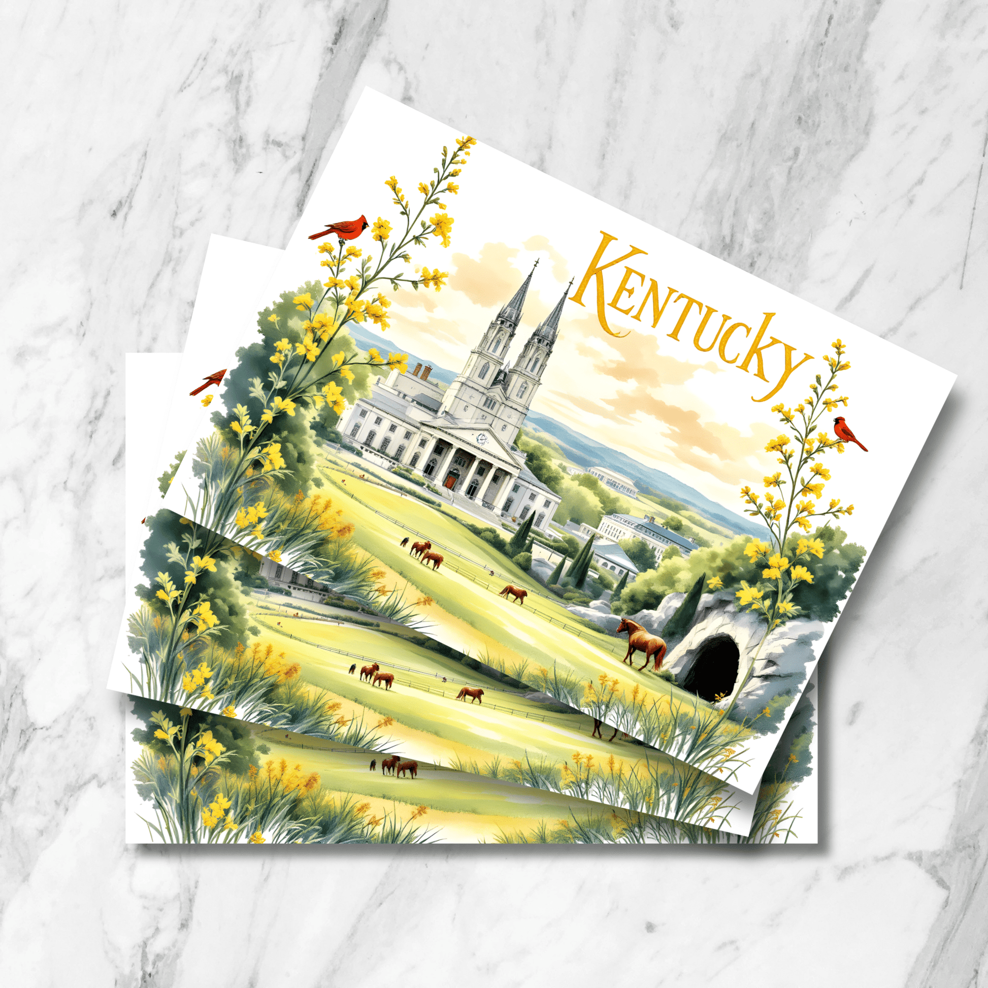 Stack of Kentucky postcards featuring neoclassical cathedral with twin spires, grazing horses, goldenrod flowers, cardinals, and cave entrance on marble background