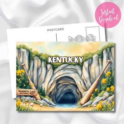 Digital download preview of Kentucky Mammoth Cave postcard displaying cave entrance, wooden park signs, limestone walls, and wildflowers with instant download badge