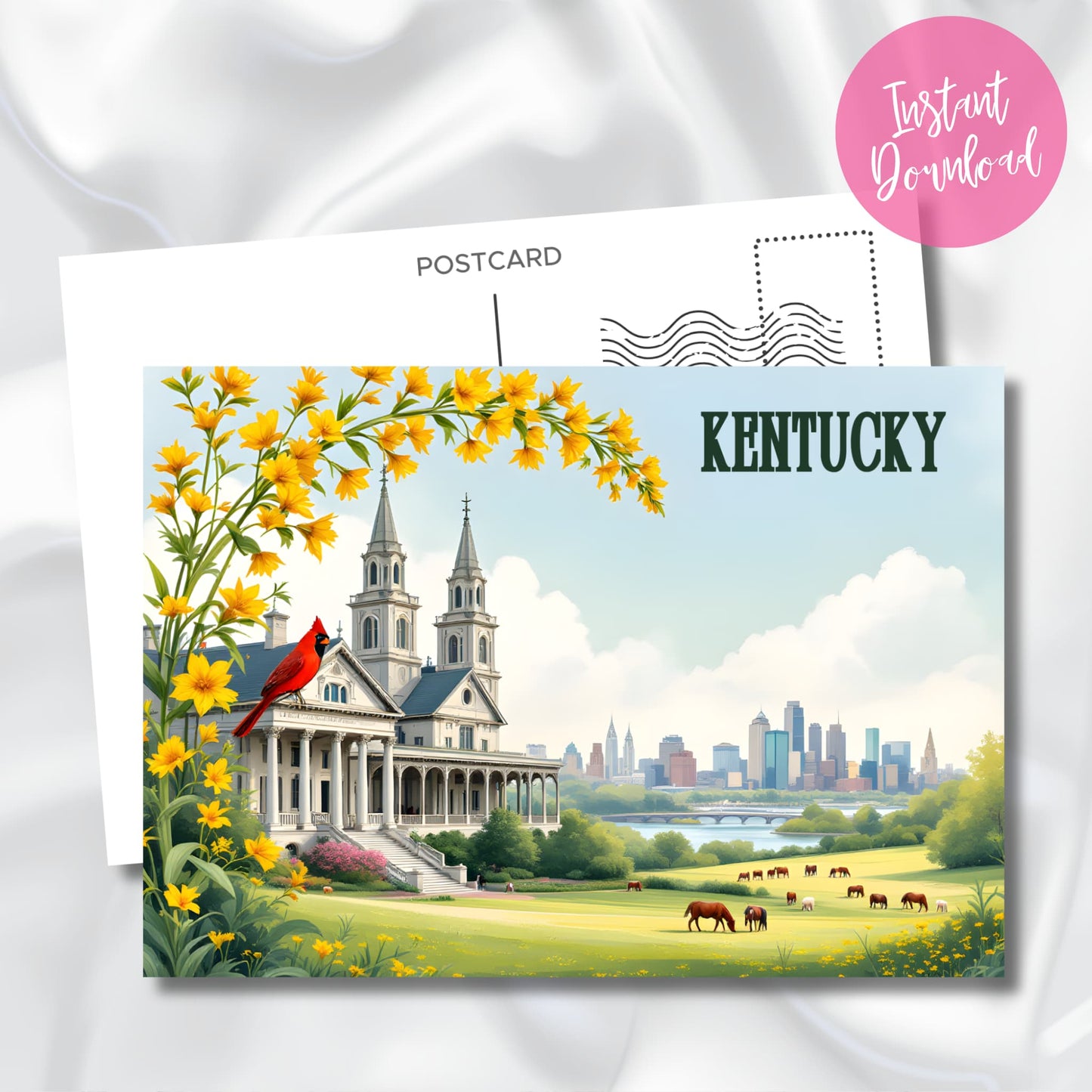 Digital download preview of Kentucky state postcard featuring watercolor scene of Gothic cathedral, cardinal, horses in pasture, and Louisville skyline with instant download badge