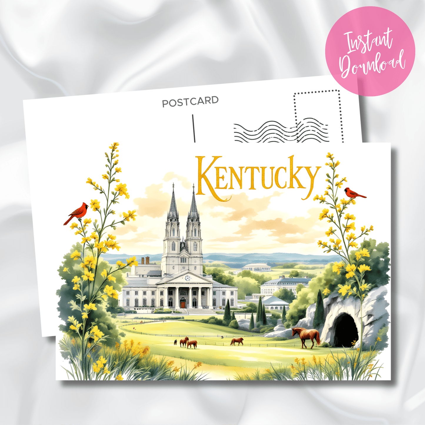 Digital download preview of Kentucky postcard with white cathedral, pastoral landscape, state symbols of cardinal and goldenrod, with instant download badge