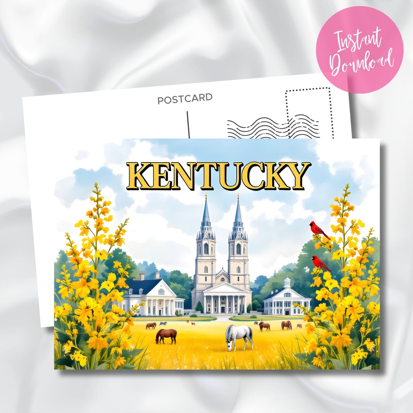 Digital download preview of Kentucky state postcard featuring historic white cathedral with twin spires, colonial buildings, state flower goldenrod, and cardinals