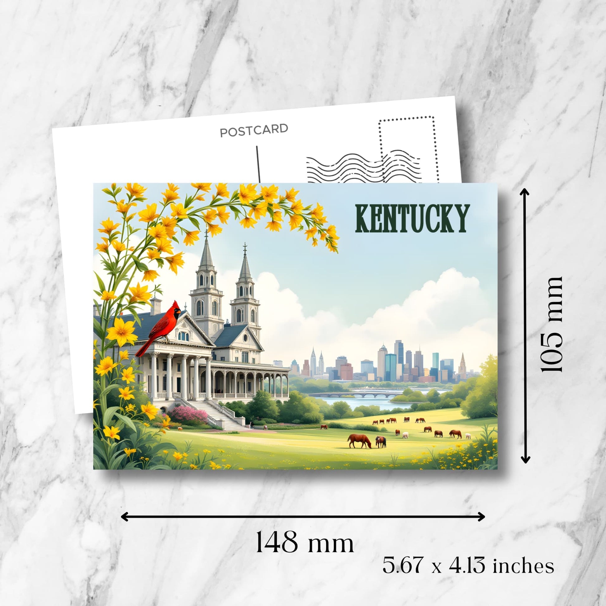 Kentucky souvenir postcard measuring 148x105mm (5.67x4.13 inches), showcasing historic cathedral, red cardinal, horses, and city skyline with vintage postmark design