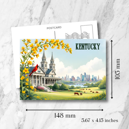 Kentucky souvenir postcard measuring 148x105mm (5.67x4.13 inches), showcasing historic cathedral, red cardinal, horses, and city skyline with vintage postmark design