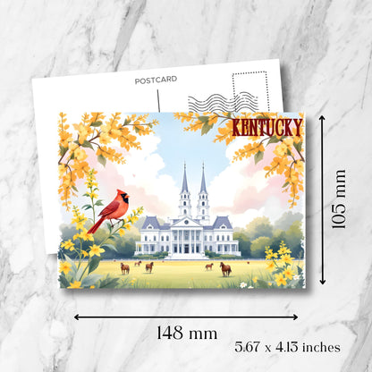 Kentucky souvenir postcard showing dimensions 148x105mm (5.67x4.13 inches), featuring Neo-Gothic mansion, red cardinal, and horses with vintage postmark design