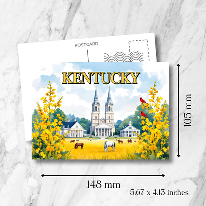 Kentucky souvenir postcard measuring 148x105mm (5.67x4.13 inches), displaying cathedral, antebellum mansions, horses, and state symbols with vintage postmark