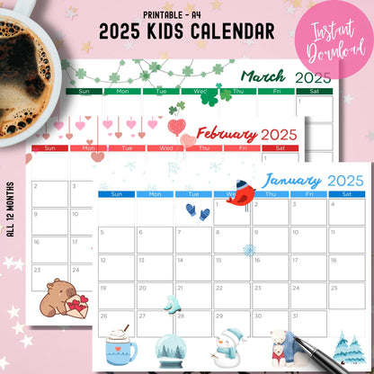 Kids calendar preview showing winter months with seasonal decorations - January snowflakes, February hearts, and March shamrocks, with instant download badge