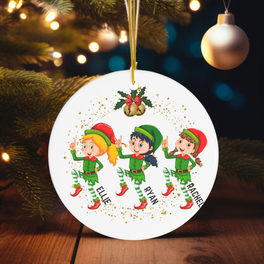 Close-up of a custom 3mm round ceramic Christmas ornament with elf design, hanging on a festive tree