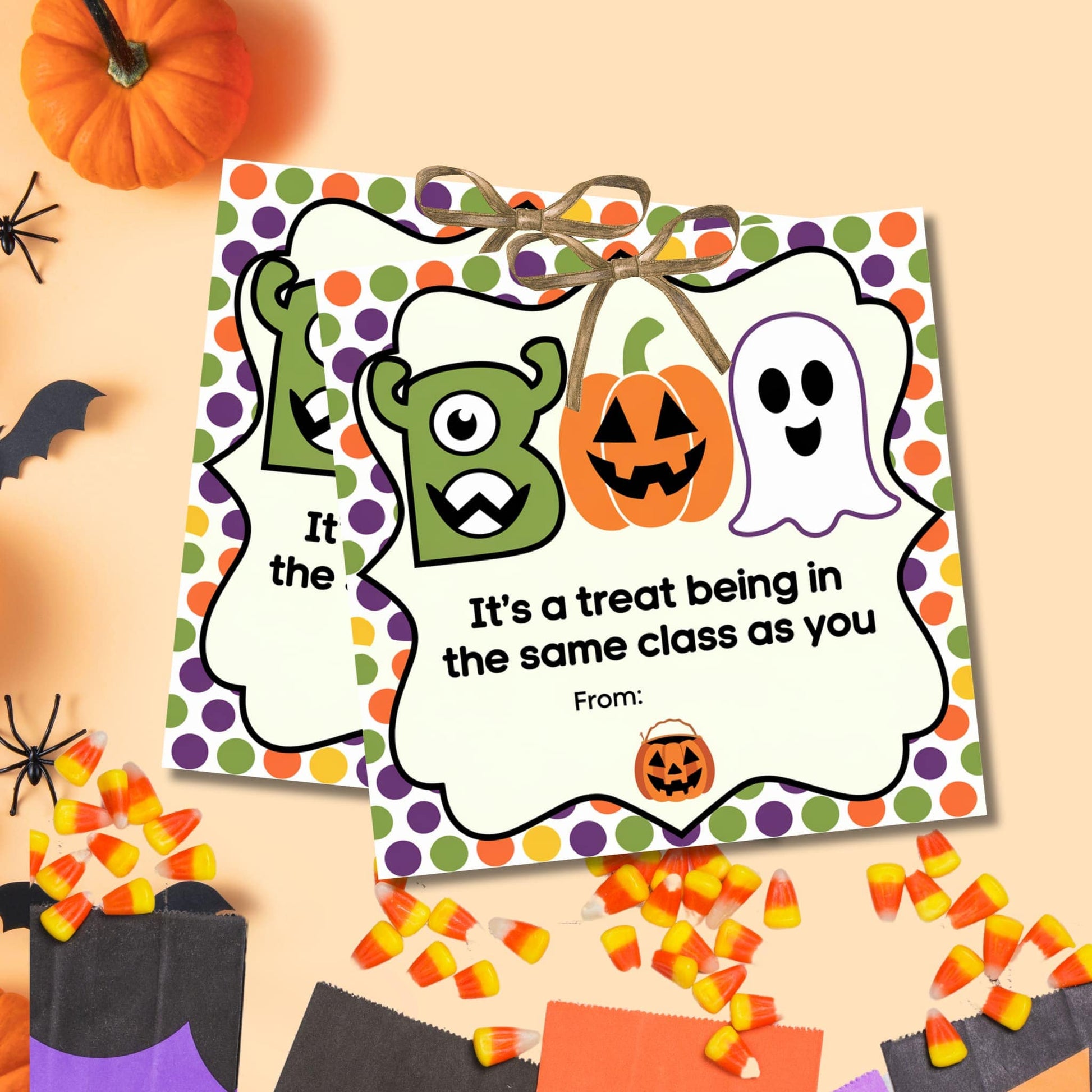 Halloween Boo Bag stickers for kids shown with candy corn and festive decorations, ideal for staff and employee DIY name tags