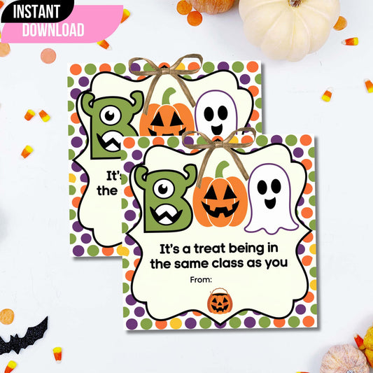 Instant download Halloween Boo Bag stickers for kids, printable PDF featuring colorful monster, pumpkin, and ghost designs for classroom use