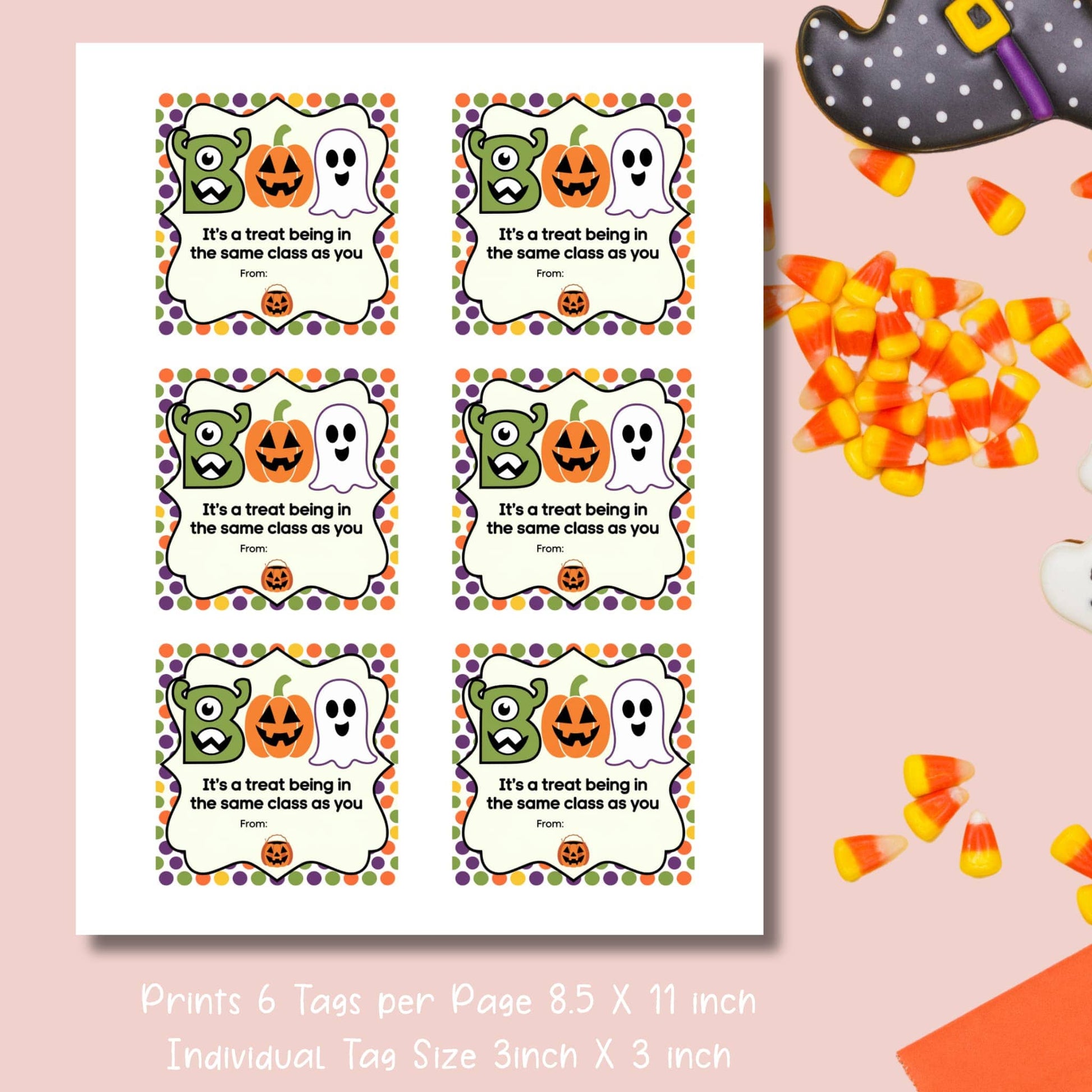 Printable sheet of colorful Halloween Boo Bag stickers for kids, 6 tags per 8.5x11 inch page, featuring monster, pumpkin, and ghost designs