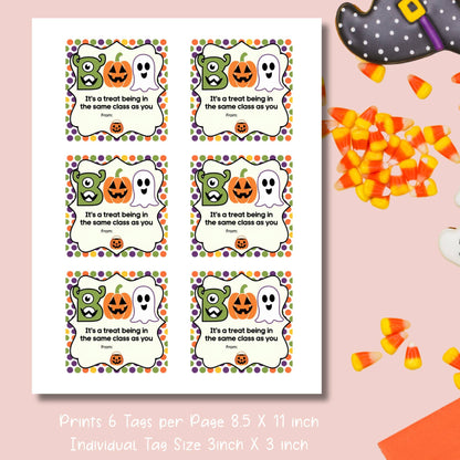 Printable sheet of colorful Halloween Boo Bag stickers for kids, 6 tags per 8.5x11 inch page, featuring monster, pumpkin, and ghost designs