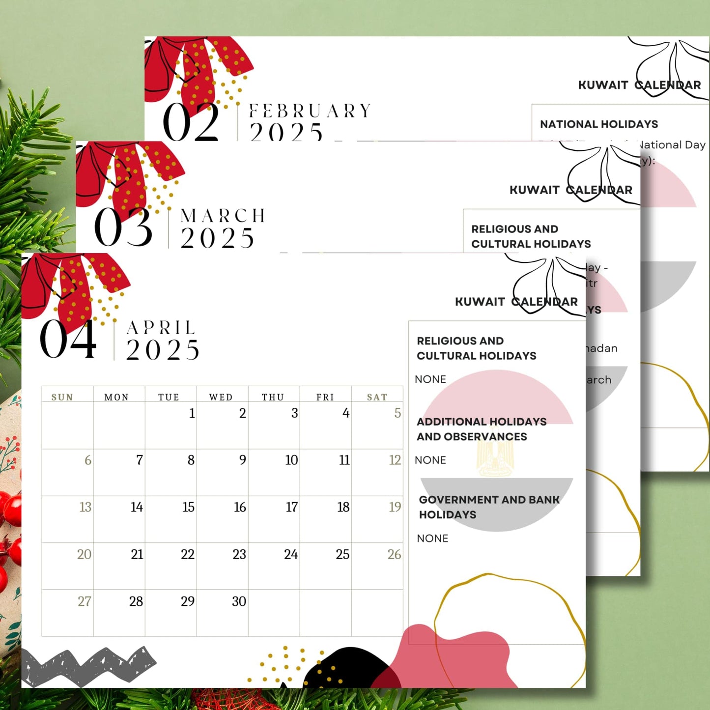 February through April 2025 Kuwait calendar pages featuring red floral motif, holiday listings, and modern abstract design elements on white background