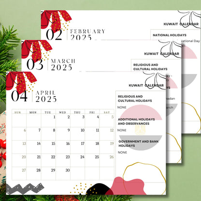 February through April 2025 Kuwait calendar pages featuring red floral motif, holiday listings, and modern abstract design elements on white background