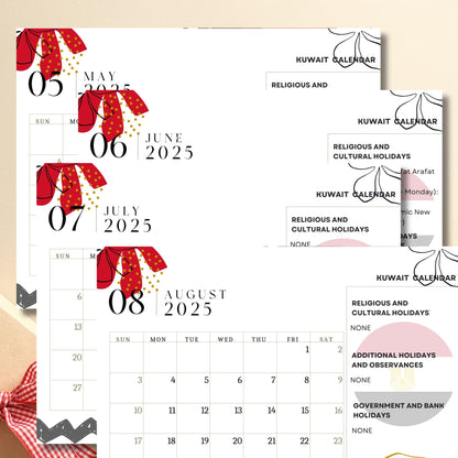 May through August 2025 Kuwait calendar with cultural holidays, decorated with red floral pattern and stylized design elements