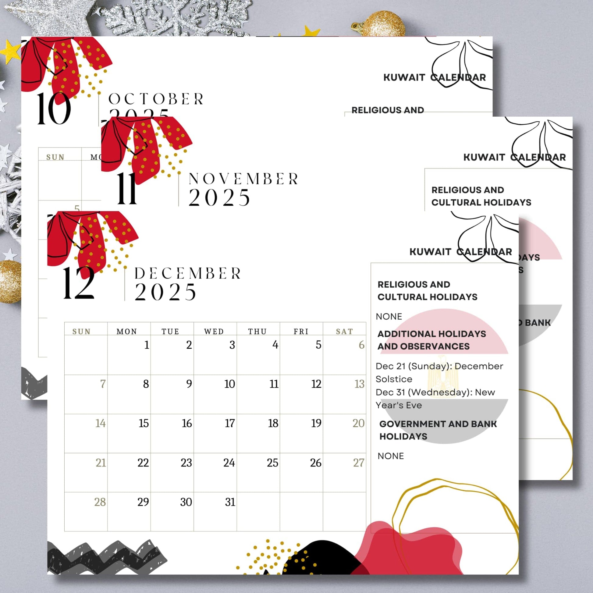 October through December 2025 Kuwait calendar pages with national and religious holidays, featuring modern floral design and abstract elements