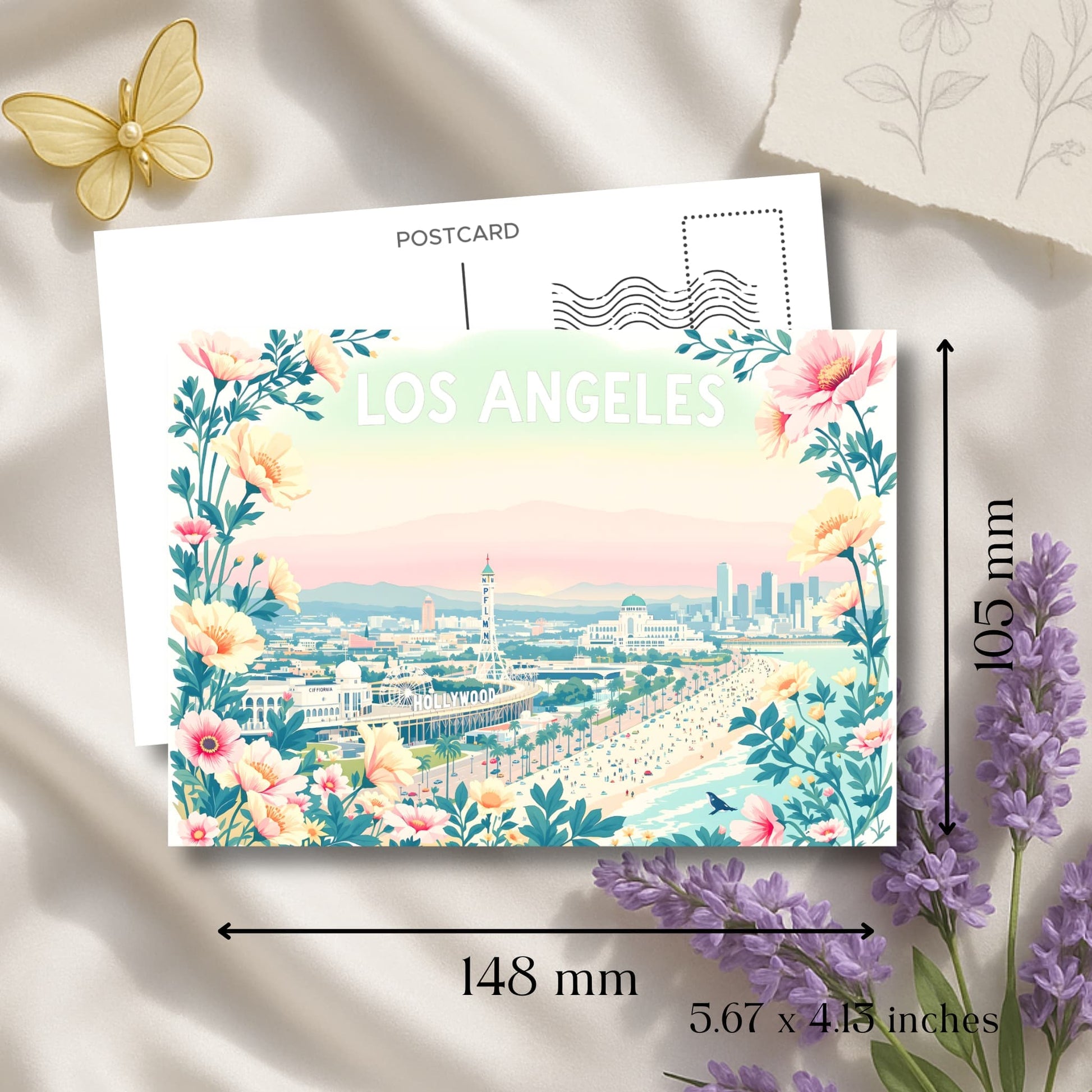 Los Angeles postcard art print showing 5.7x4.1 inch dimensions with floral frame and cityscape view.