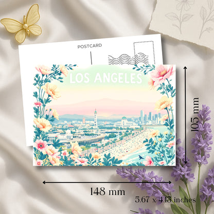 Los Angeles postcard art print showing 5.7x4.1 inch dimensions with floral frame and cityscape view.