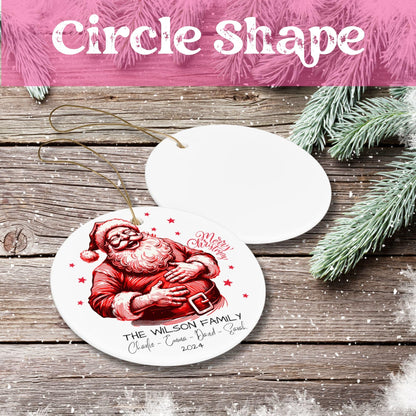 White circular ceramic ornament featuring red vintage-style laughing Santa with stars, personalized with The Wilson Family names on rustic wood background.