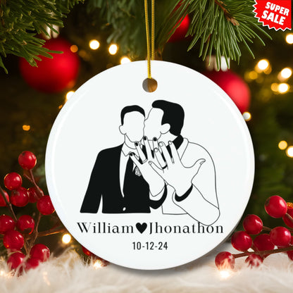 Black White 1st Christmas LGBT Engaged/Married Circle Ceramic Ornament for Christmas 2024 (3mm) | Rainbow Pride Ornament for Couple LGBT