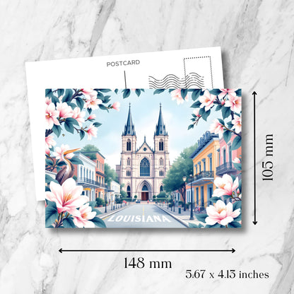 New Orleans St. Louis Cathedral postcard showing dimensions of 148x105mm. Features French Quarter architecture, pelican and magnolia blossoms on marble background.