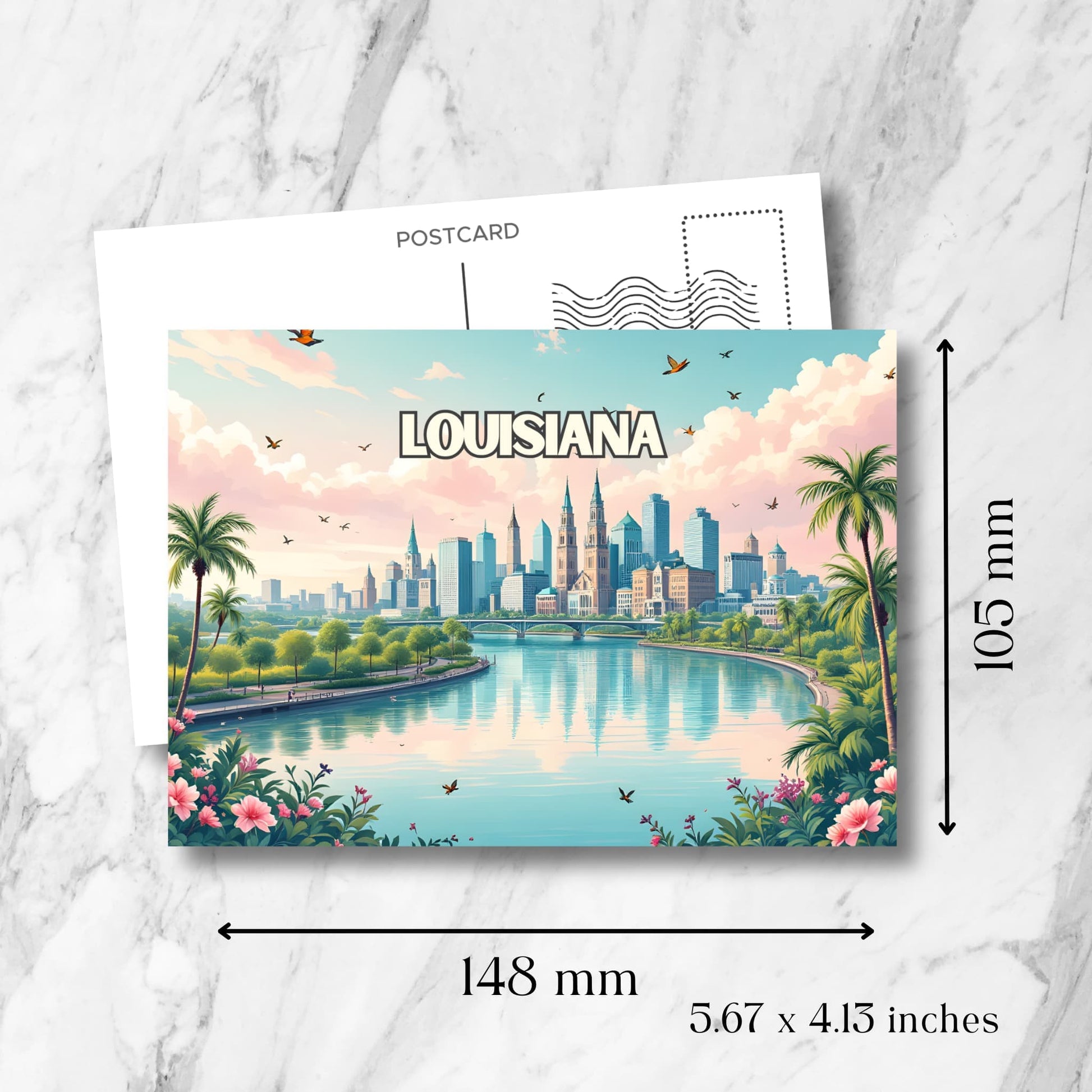 Louisiana skyline postcard showing dimensions of 148x105mm. Features New Orleans cityscape with cathedral spires, river view and tropical flora.