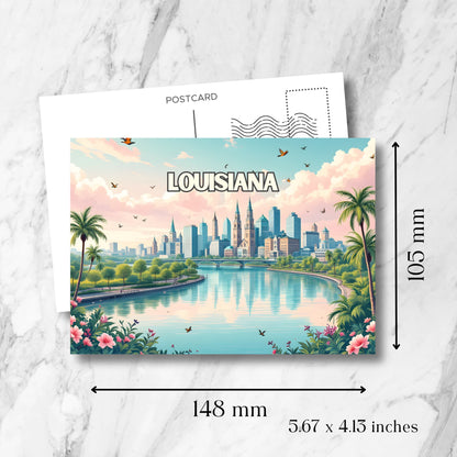 Louisiana skyline postcard showing dimensions of 148x105mm. Features New Orleans cityscape with cathedral spires, river view and tropical flora.