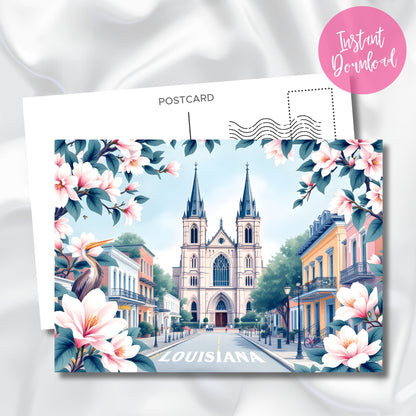 Louisiana printable postcard featuring St. Louis Cathedral with magnolia border. Digital template with instant download badge on satin background.