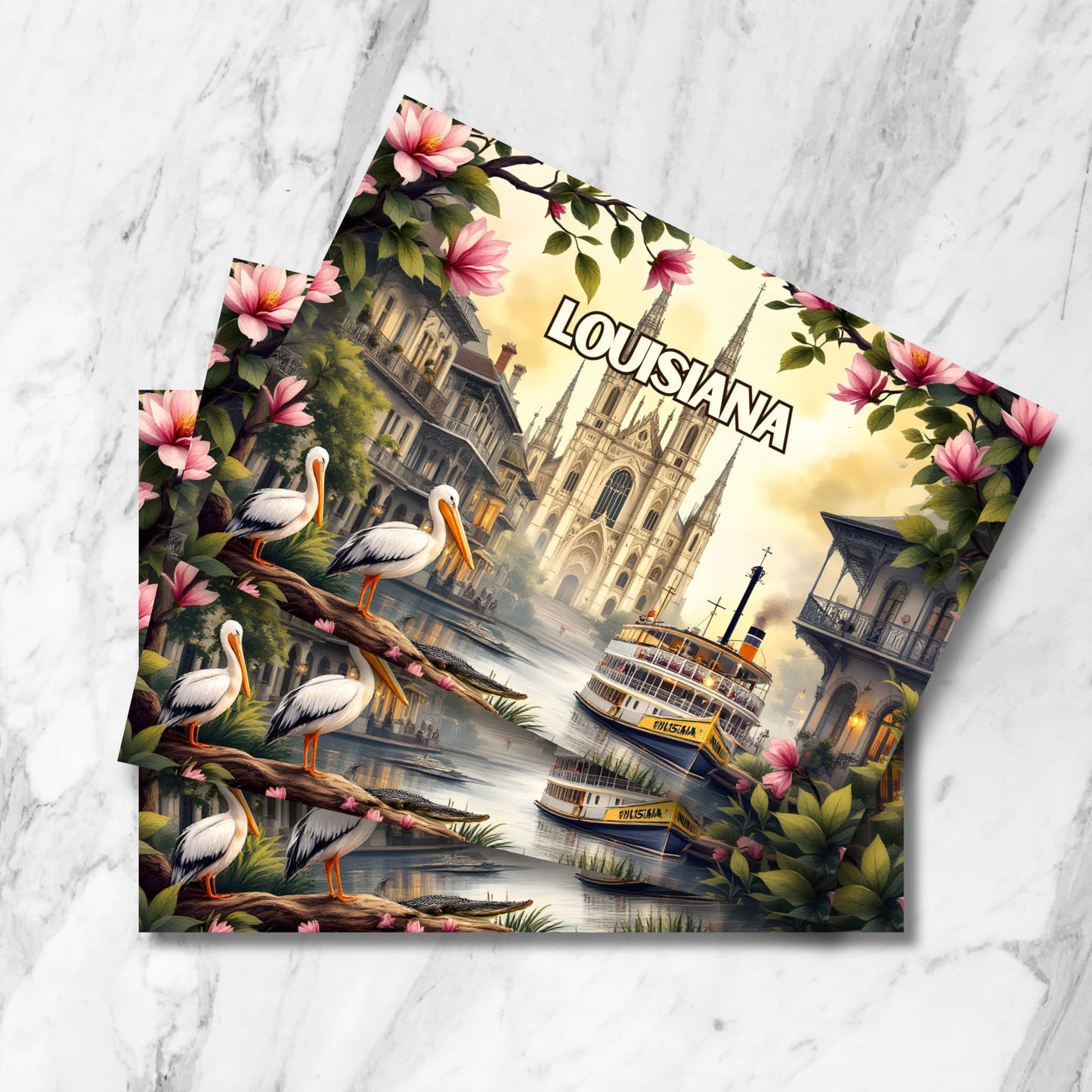 Louisiana digital art featuring St. Louis Cathedral, steamboat and pelicans amid magnolia blossoms. Multiple postcards displayed on marble background.