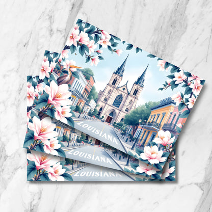 St. Louis Cathedral digital art print set with magnolia blossoms frame. Multiple Louisiana postcards displayed on marble background.