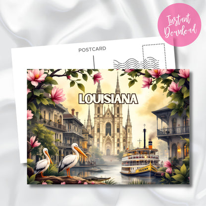 Louisiana digital postcard with St. Louis Cathedral, steamboat and pelicans. Shows postcard template with instant download badge on satin background.