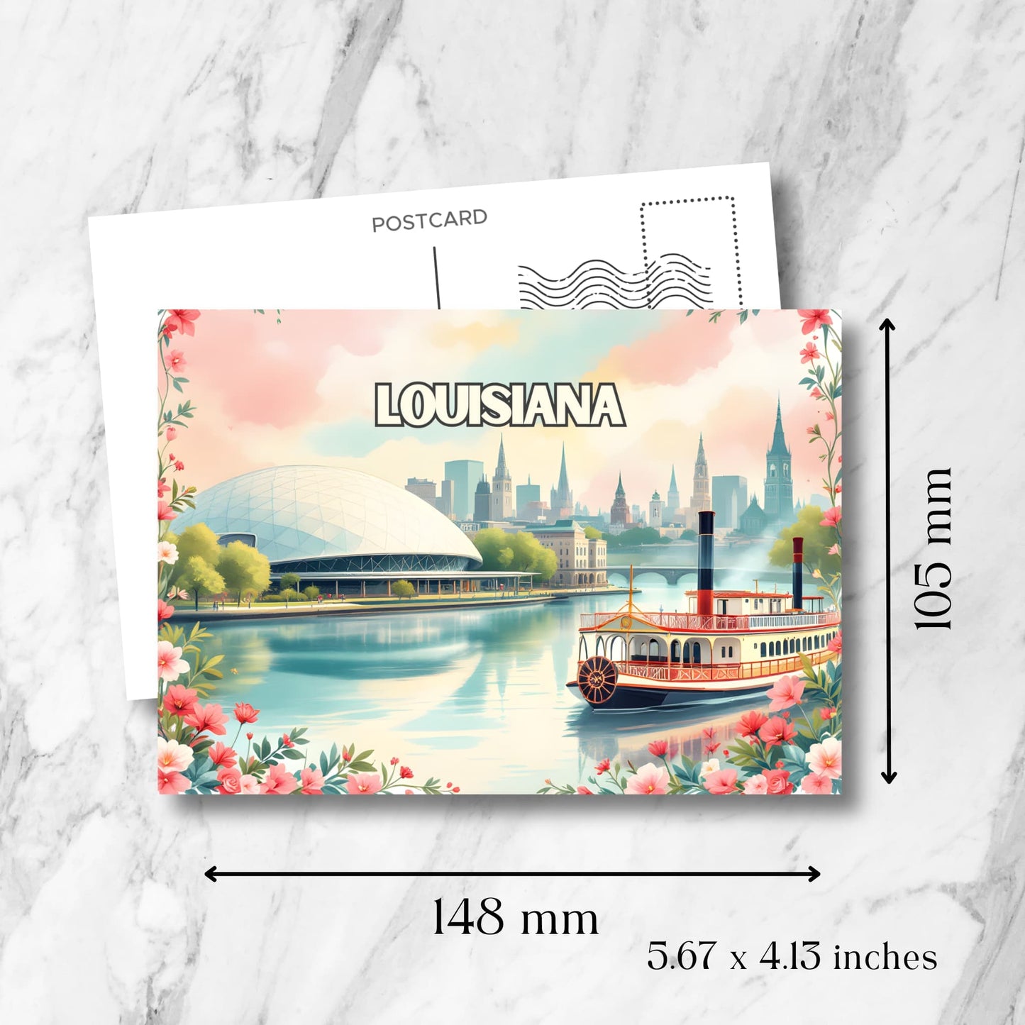 Louisiana digital print showing dimensions of 148x105mm. Features Mississippi River steamboat, New Orleans skyline and pastel-colored floral frame.