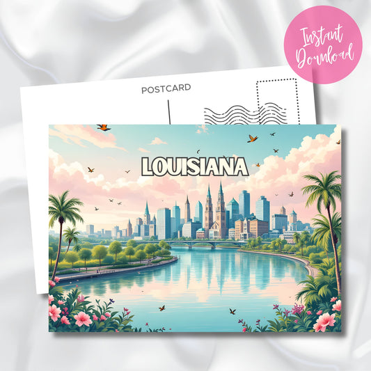 Louisiana digital printable featuring New Orleans skyline and tropical elements. Postcard template with pastel sunset sky and instant download badge.