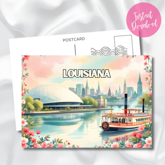 Louisiana printable postcard with riverboat, Superdome and city skyline. Digital download template with pink flowers border and instant download badge.